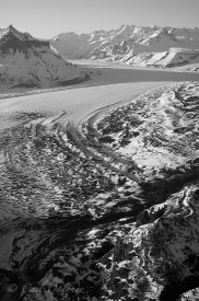 Nizina Glacier and Wrangell Mountains, black and white photo, winter, Wrangell - St. Elias National Park and Preserve, aerial photo, Alaska.