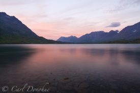 Tebay Lake, Upper Lake, at sunset, in the Chugach Mountains, Wrangell St. Elias National Park, Alaska.