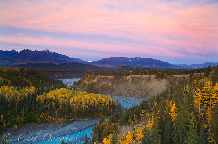 Sunrise over Kuskulana River and the Kuskulana Gorge, fall colors, Wrangell - St. Elias National Park and Preserve, Alaska.