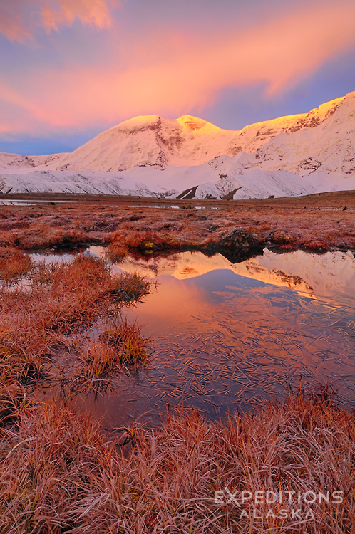 Dawn sunrise over Mt. Jarvis, in the Wrangell Mountains. Mt. Jarvis is 13,421 ft (4,091 m) tall, and is an eroded old shield volcano.