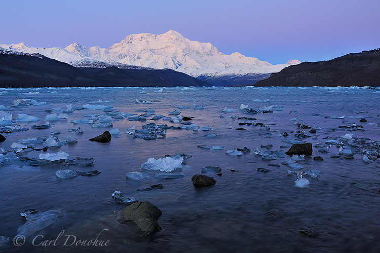 Icy Bay icebergs and Mt. St. Elias, Wrangell-St. Elias National Park and Preserve, Alaska.