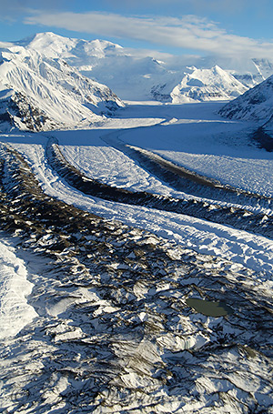 Mt. Bona and the Russell Glacier make for an inspiring vista, Wrangell St. Elias National Park and Preserve, Alaska. (aerial photo)