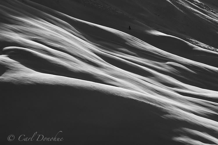 Black and white photo of snow patterns on a hillside, winter, Wrangell-St. Elias National Park and Preserve, Alaska.