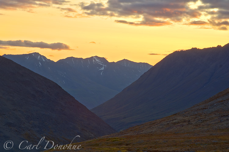 Sunset over the Chugach mountains, near Bremner Mines, Wrangell St. Elias National Park, Alaska.