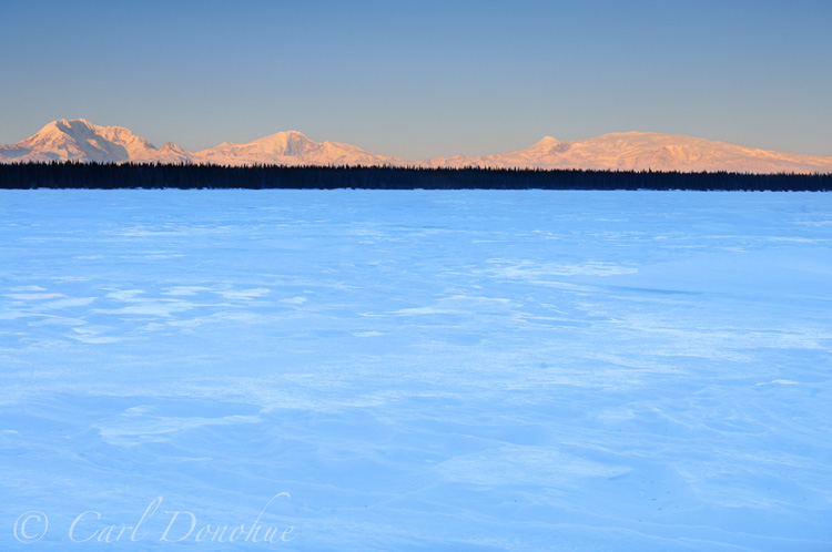 Willow Lake and Wrangell Mountains, wintertime, Wrangell-St. Elias National Park, Alaska.